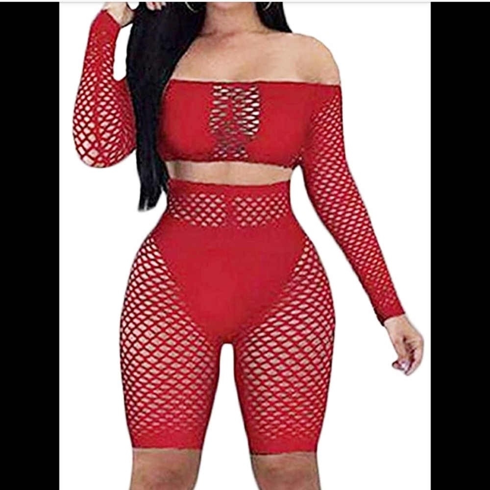 Red Two Piece Hollow Short Set Swim Coverup